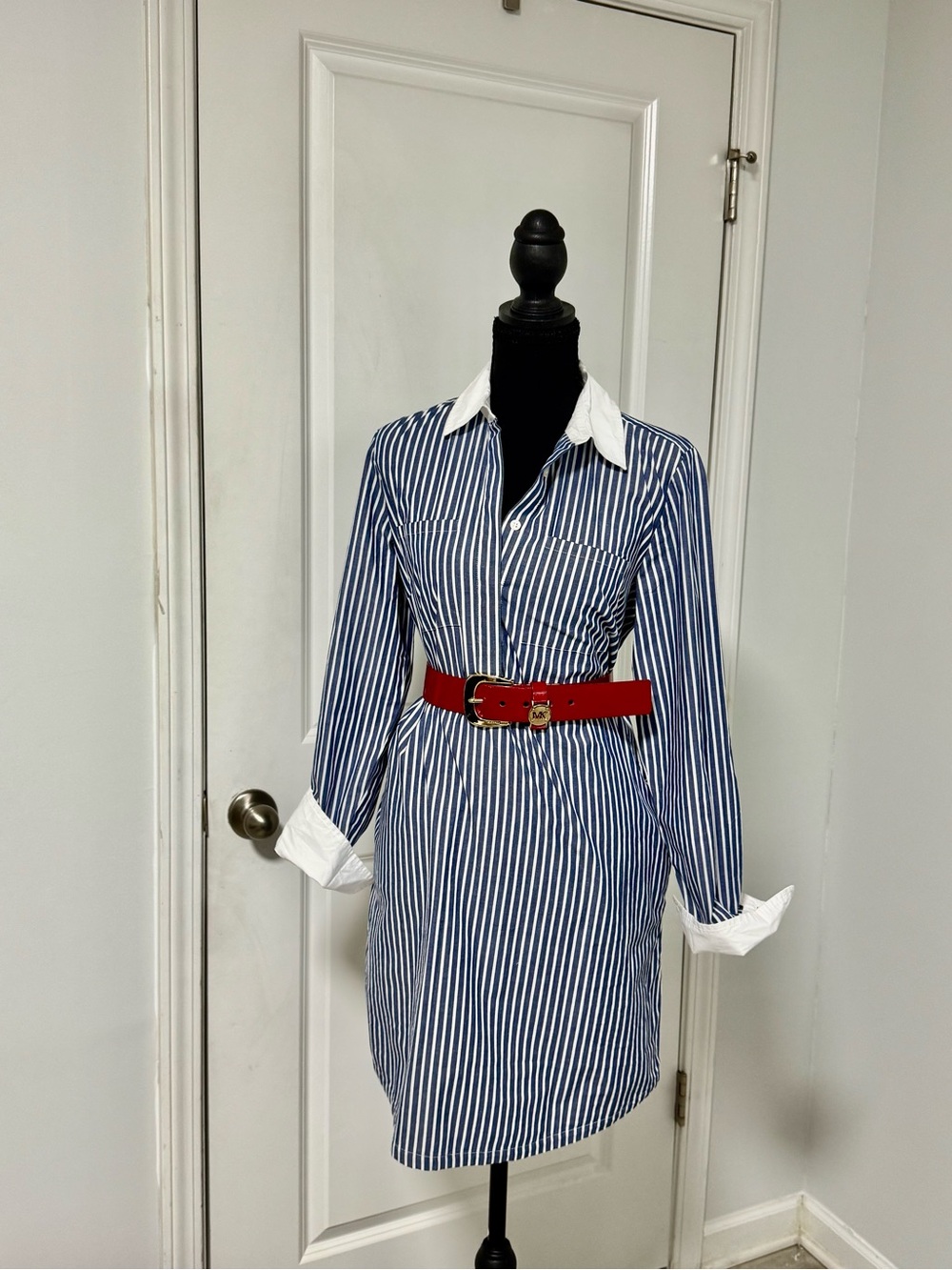 J. Crew Blue and White Striped Long-Sleeve Shirt Dress